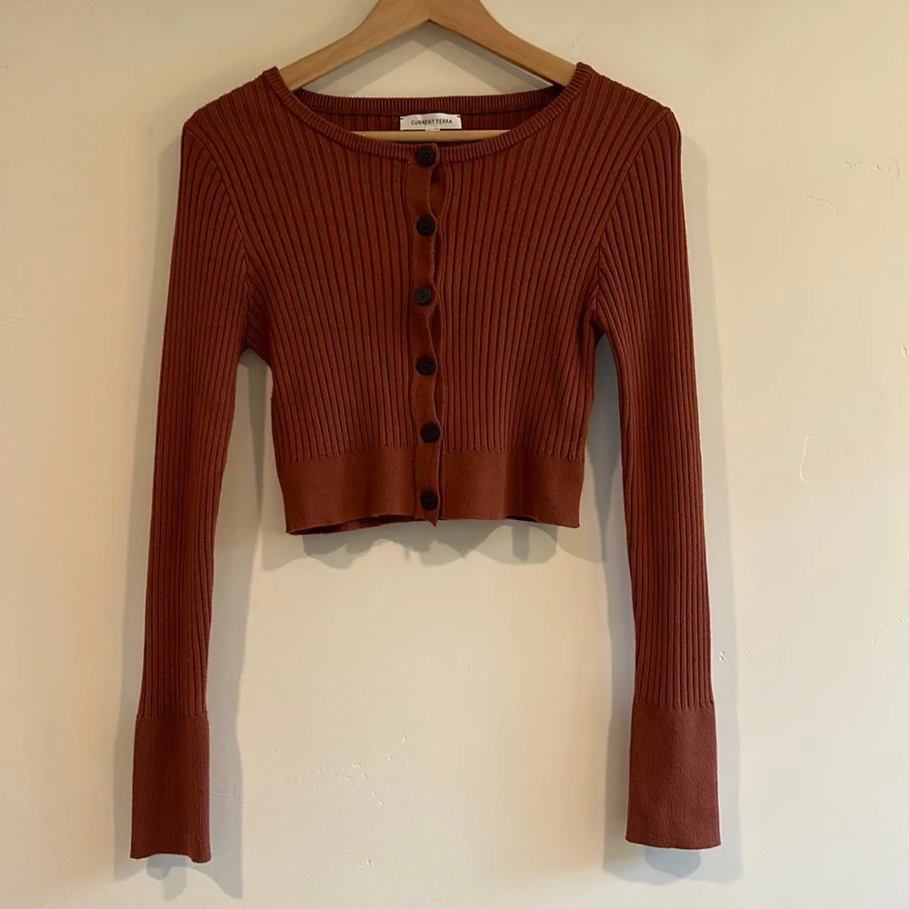 Vici Collection Rust Ribbed Button-Up Cropped Cardigan - Picture 1 of 12